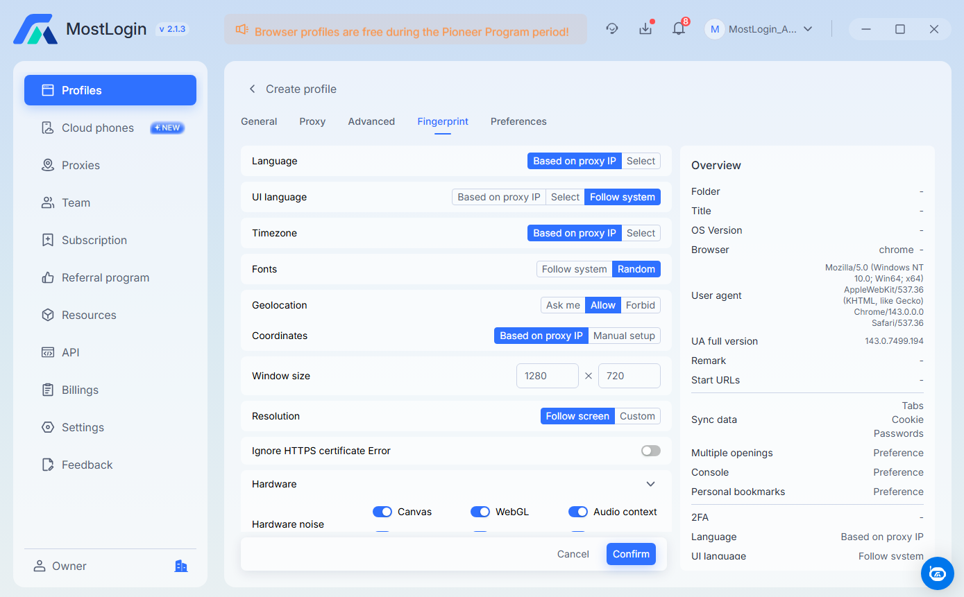 MostLogin smart spoofing and automation-ready anti-detect browser technology interface showing fingerprint masking and multi-profile management.