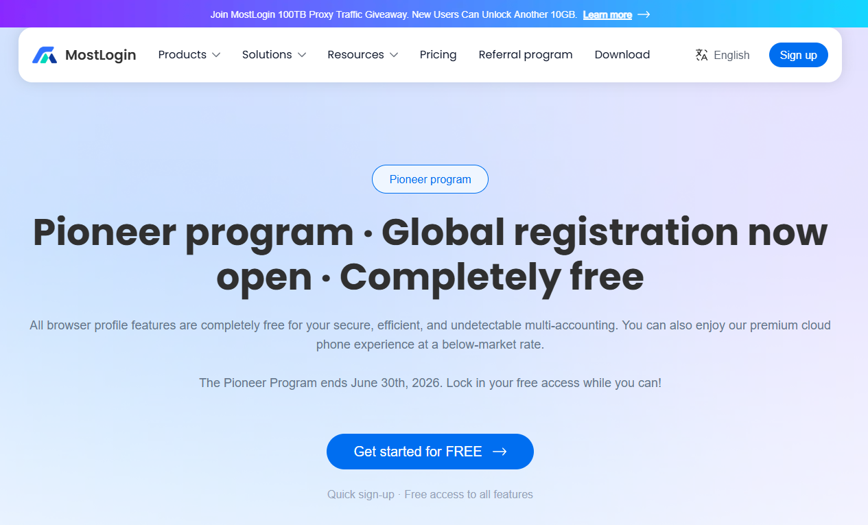 MostLogin cost-effective enterprise features showing free anti-detect browser tools, multi-account management, and cloud phone automation services.