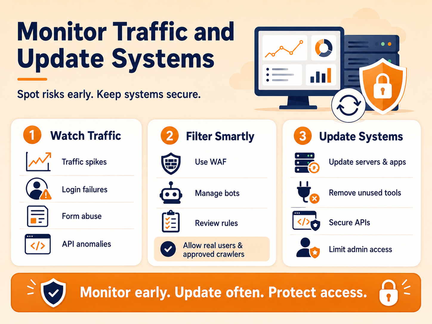 Website security guide covering traffic monitoring, smart filtering, bot management, system updates, API protection, and controlled administrator access.