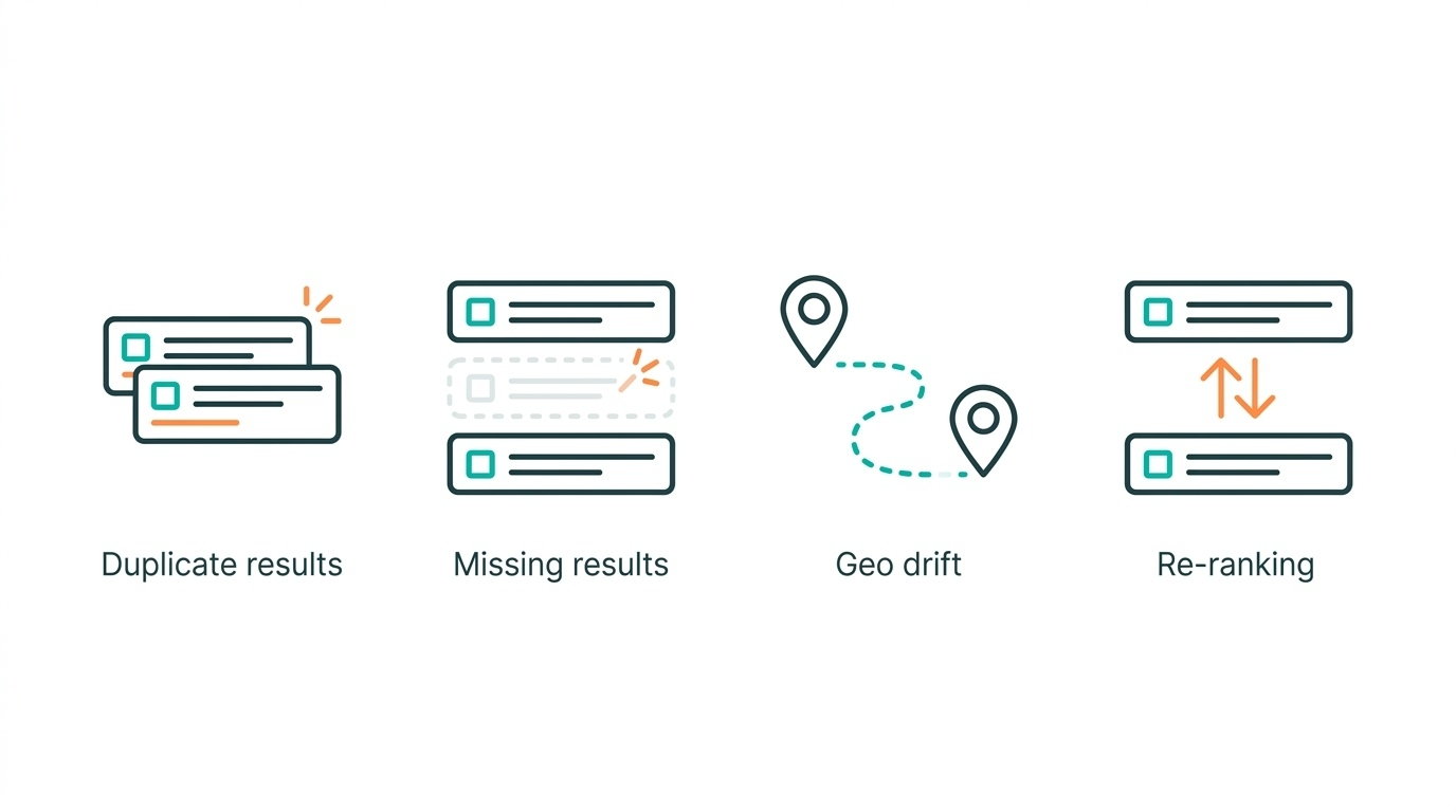 Search result quality issues including duplicate results, missing results, geo drift, and re-ranking that can affect data accuracy and consistency.