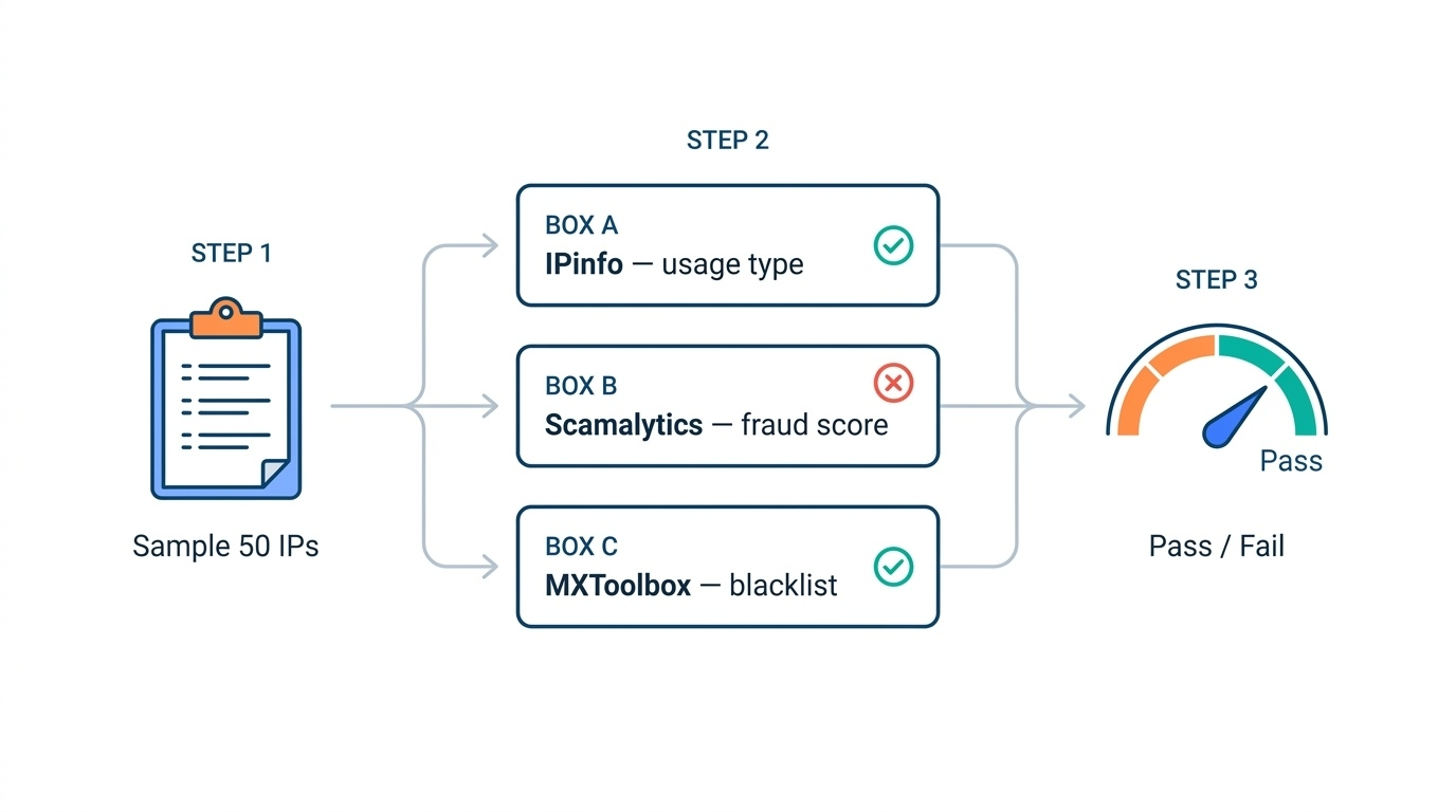 IP quality testing workflow using IPinfo, Scamalytics, and MXToolbox to evaluate usage type, fraud risk, blacklist status, and overall IP reliability.