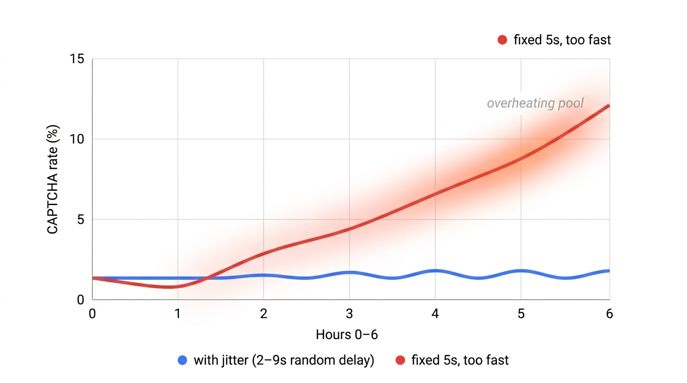 Chart comparing CAPTCHA rates over time for requests with jitter delay vs fixed 5-second intervals.