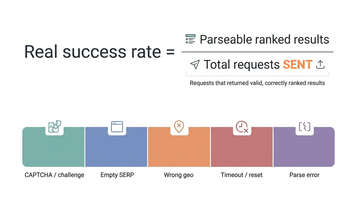Formula for real success rate in web scraping, showing key failure factors like CAPTCHA, empty SERP, and parse errors.