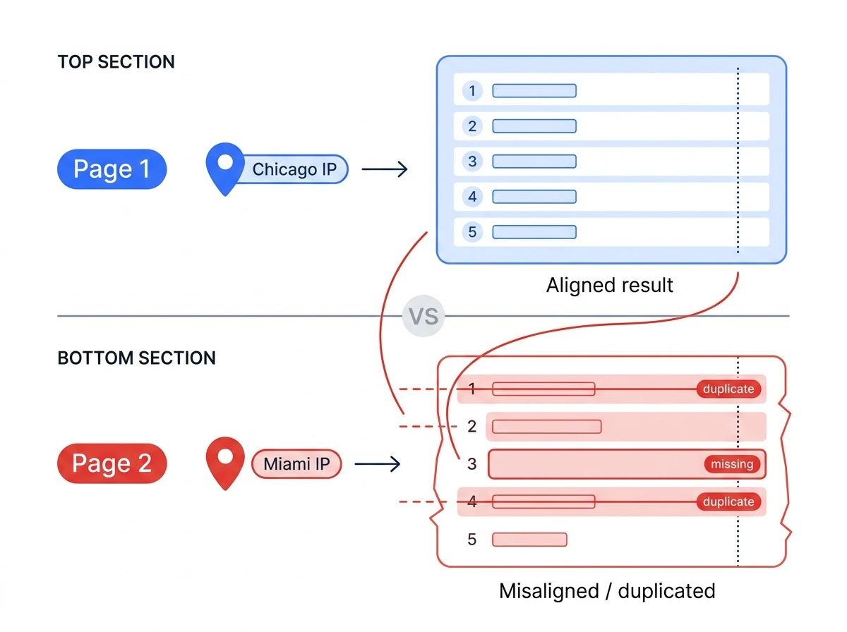 Diagram comparing aligned search results using a Chicago IP vs misaligned duplicated data using a Miami IP across pages.