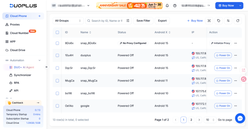 DUOPLUS cloud phone management dashboard showing multiple Android cloud devices, proxy/IP status, device power controls, and centralized multi-account management.