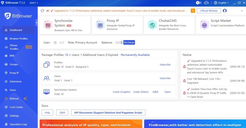 BitBrowser dashboard showing browser profile management, proxy IP tools, synchronization, script customization, account packages, user controls, documentation, and operation notices.