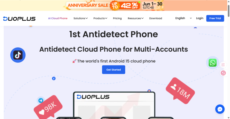 DUOPLUS anti-detect cloud phone landing page promoting Android 15 cloud phones for multi-account management, with an anniversary sale offering up to 42% off.