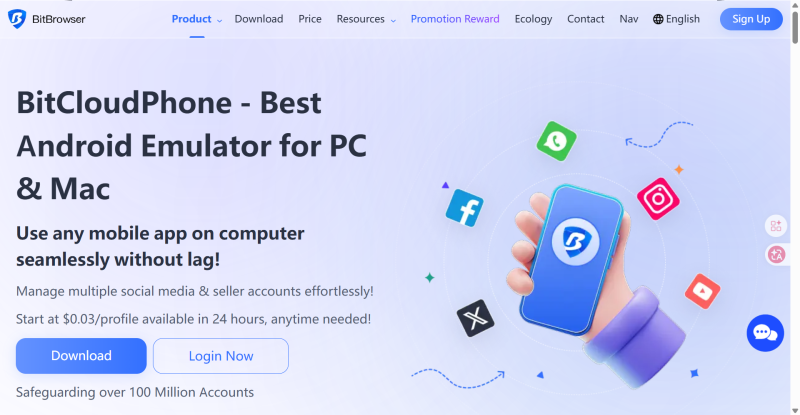 BitCloudPhone landing page promoting an Android emulator for PC and Mac, with multi-account social media and seller account management, app compatibility, and cloud-phone availability.