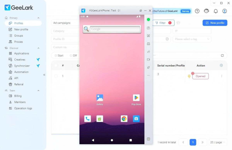 GeeLark cloud phone management interface showing an Android virtual device, profile controls, proxy settings, automation tools, applications, synchronization, and team management features.