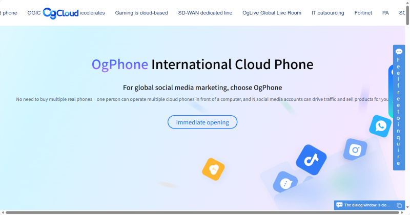 OgPhone International Cloud Phone landing page promoting multi-cloud-phone management for global social media marketing, account operation, and scalable mobile workflows.