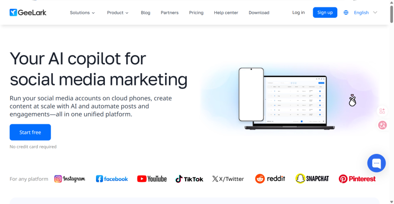 GeeLark cloud phone platform landing page promoting AI-assisted social media marketing, multi-account management, content creation, post automation, and engagement across major social platforms.