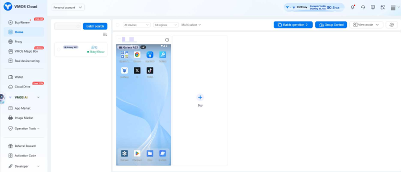VMOS Cloud management dashboard showing an Android cloud phone instance, batch operations, group controls, proxy tools, app management, cloud storage, and centralized virtual-device administration.