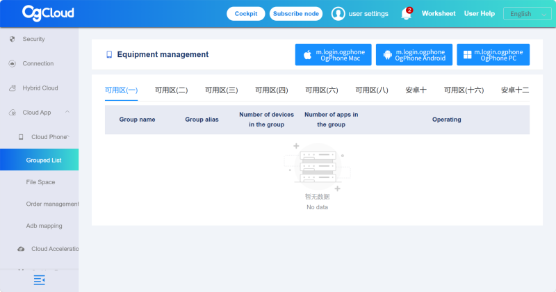 OgCloud equipment management dashboard showing cloud phone groups, device and app counts, regional availability tabs, file space, order management, ADB mapping, and cloud acceleration controls.