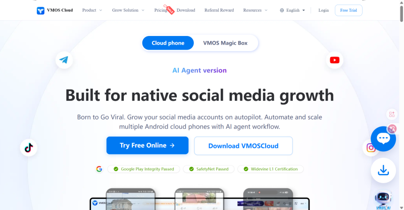 VMOS Cloud landing page promoting AI-powered Android cloud phones for automated social media growth, multi-device management, and scalable account workflows.