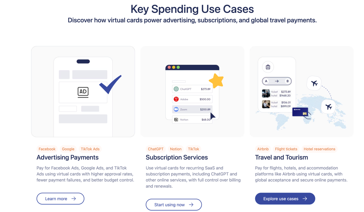 Virtual cards support advertising, subscriptions, and global travel payments.