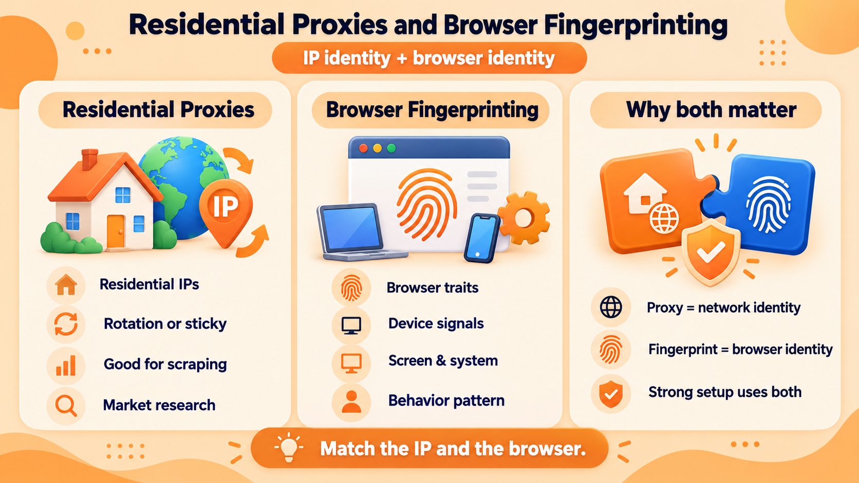 Residential proxies manage network identity, while browser fingerprints shape browser identity—both should stay consistent.