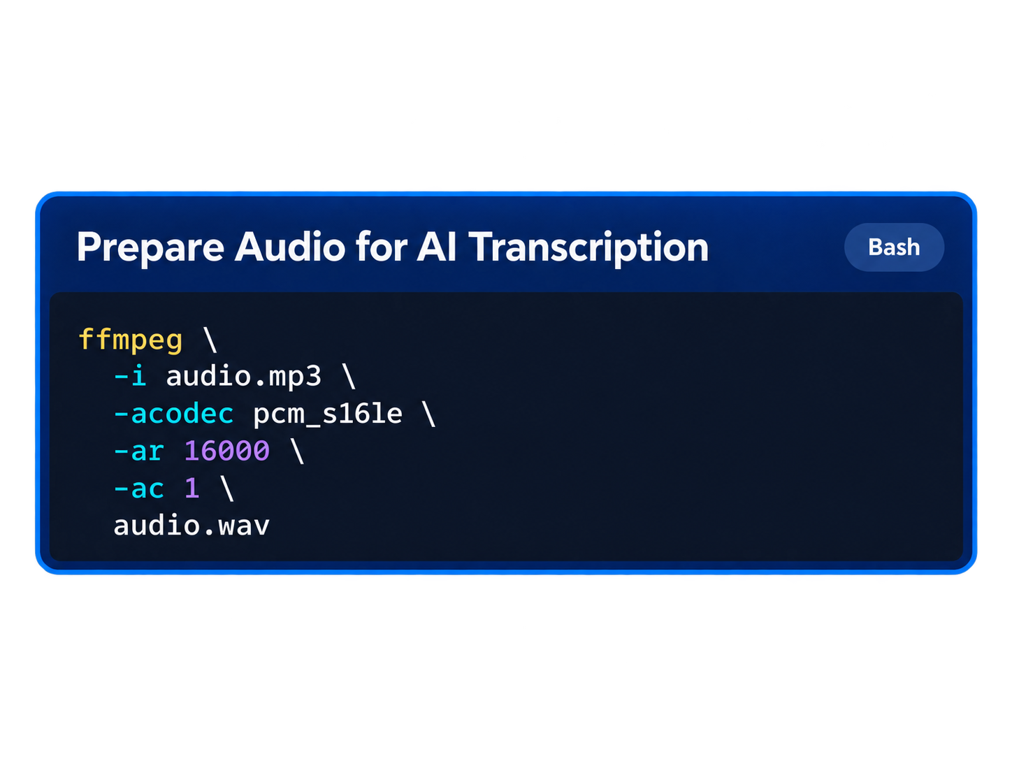 Convert audio to 16 kHz mono WAV with FFmpeg to prepare it for AI transcription.