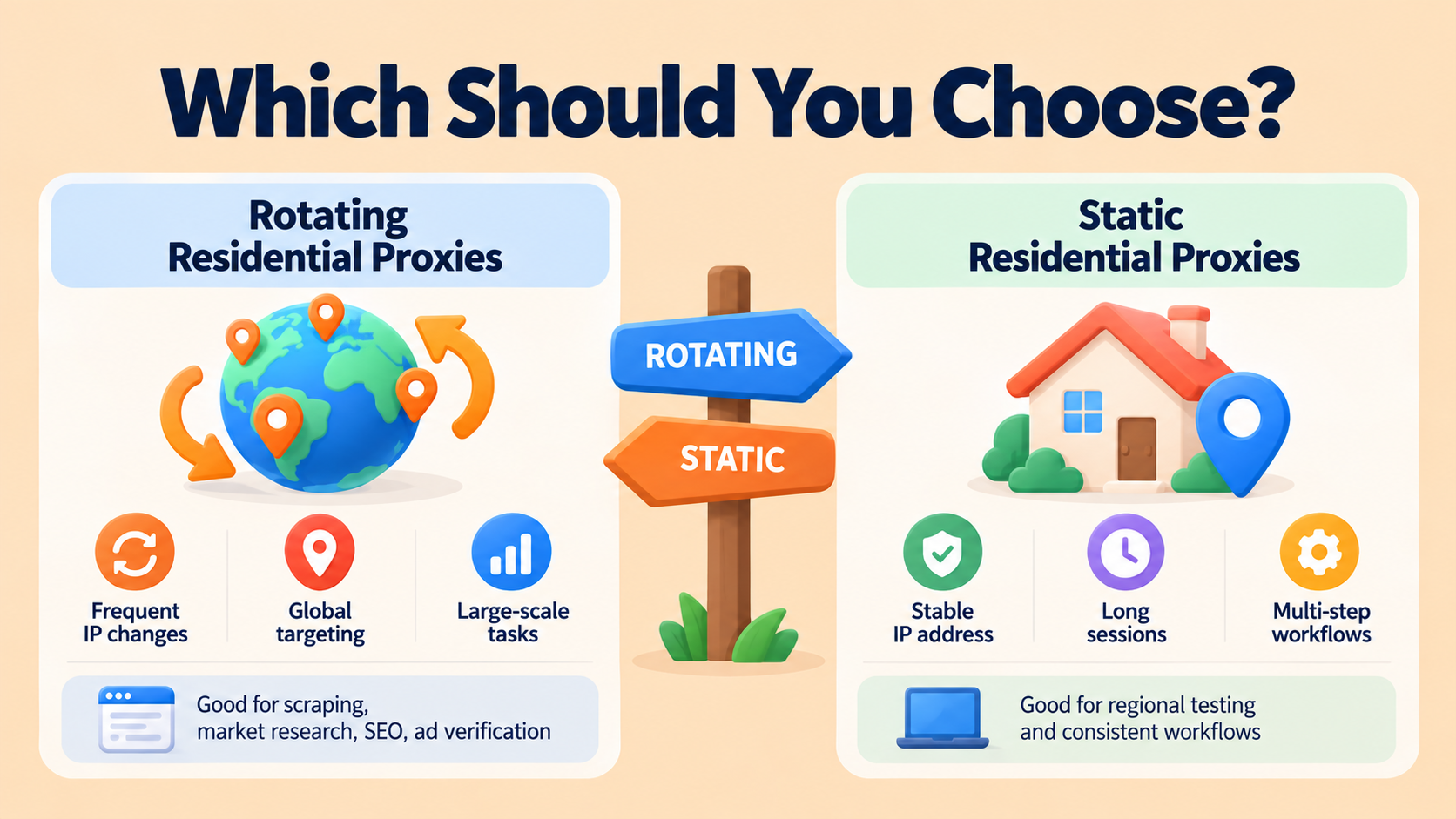 Choose rotating residential proxies for frequent IP changes, global targeting, and large-scale tasks. Choose static residential proxies for stable IPs, long sessions, and multi-step workflows.
